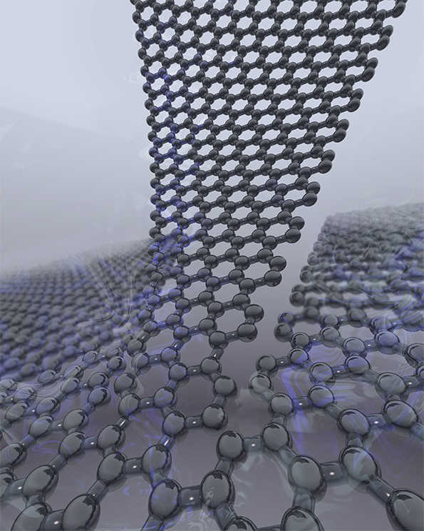 This image shows exfoliation of graphene. The horizontal plane is graphite; only its top-most layer is shown for clarity (Image: Amogh Kinikar)