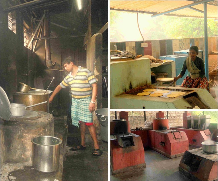 Left: ASTRA OLE cooking stove at Huliappa's Donne Biryani in Yelahanka; Top Right: ASTRA OLE customized for roti-making for an ashram in Kengeri on the outskirts of Bengaluru; Bottom Right: ASTRA OLE cooking stoves at The Valley School in Bengaluru (Photos: Megha Prakash)