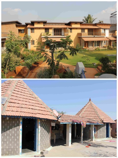 Top: The Good Earth Malahar Housing project used SSB technology to build 350 villas in Bengaluru; Bottom: In participation with a local NGO, Hunnarshala Foundation, 10,000 circular houses, or bhungas in the local language, were built using rammed earth technology in earthquake devastated Bhuj in Gujarat (Photos: BV Venkatarama Reddy)