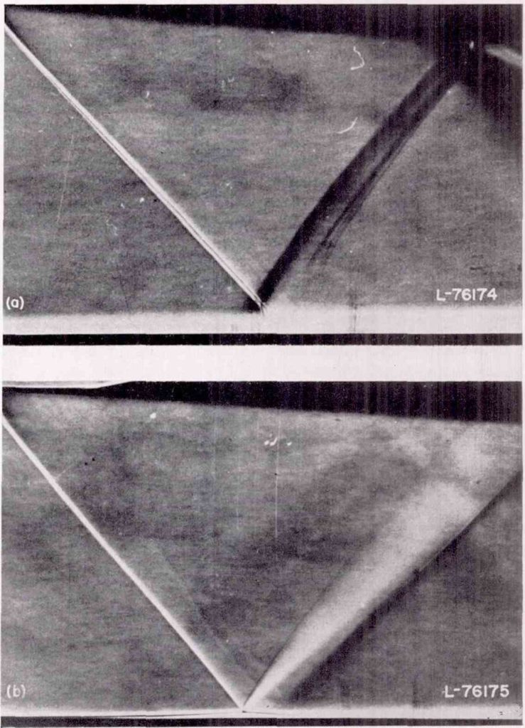 Shock-wave reflections from a flat surface with turbulent boundary layer (top), and laminar boundary layer (bottom) (Image courtesy: NACA Report 1100, 1952)