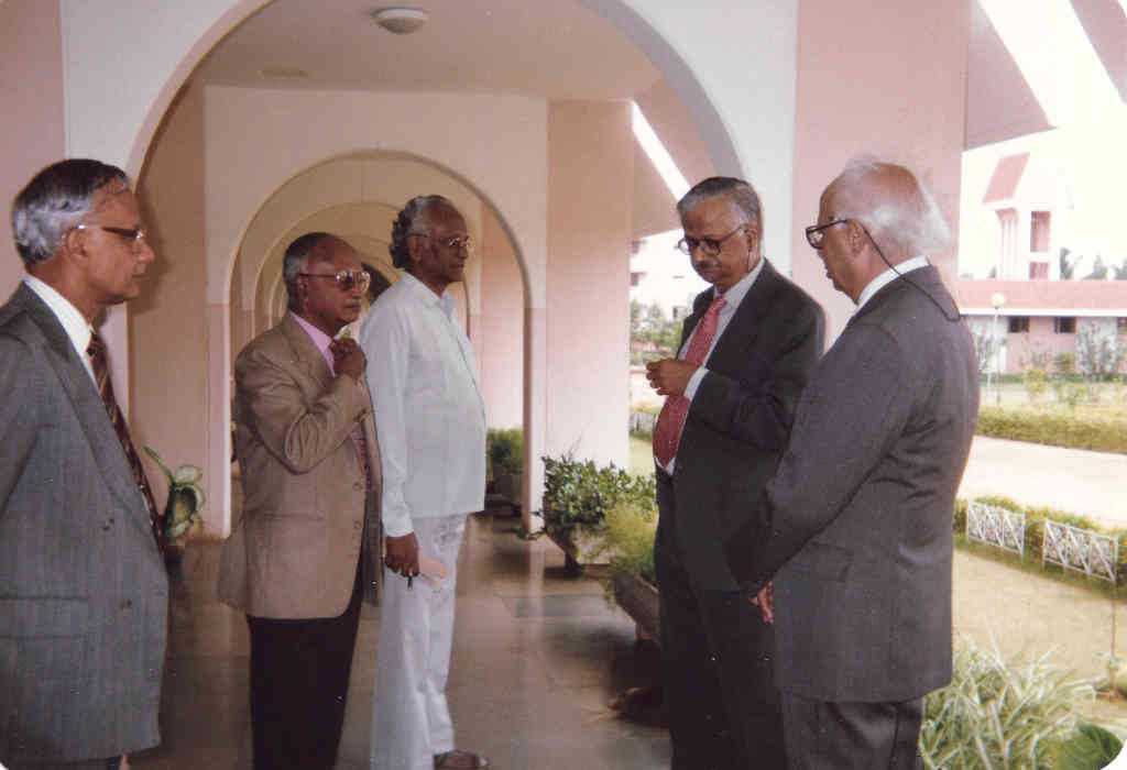 David (centre) at NIAS, with (from left to right): CV Sundaram, Maj. Gen. (Retd.) MK Paul, Raja Ramanna, and MN Srinivas (Photo courtesy: GD David)