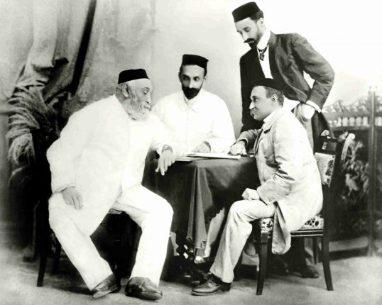 JN Tata (left) with his sons – Dorabji (facing him) and Ratanji (standing) – and RD Tata, father of JRD Tata (Photo courtesy: Tata Central Archives)